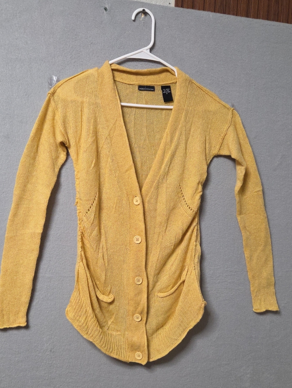 Vintage Moda International Wool Blend Ruched Cardigan Sweater Yellow Size S.